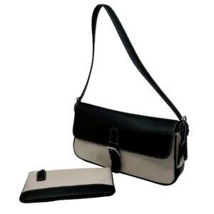 COACH~Vintage Y2K 7702 Hampton Cream & Black Leather/Cloth Shoulder Bag & Pouch